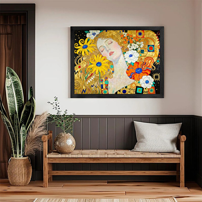 «Black Gustav Klimt», art abstrait avec femme et fleurs, H 37 po x l 25 po
