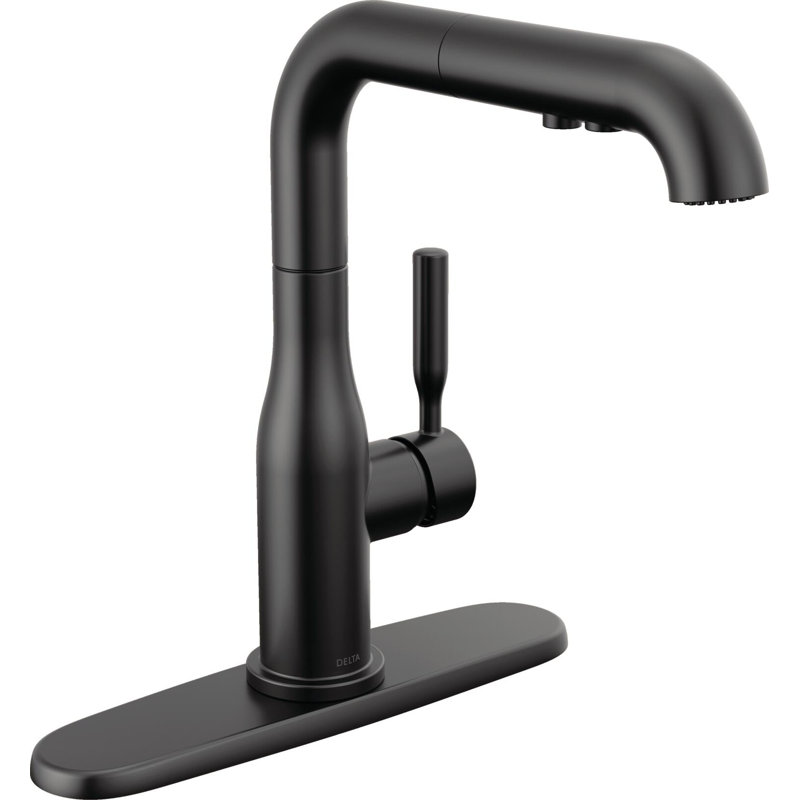 Delta Almari Matte Black Kitchen Faucet with Pull-Out Sprayer, Modern Single Hole Kitchen Sink Faucet, Single Handle, Matte Black