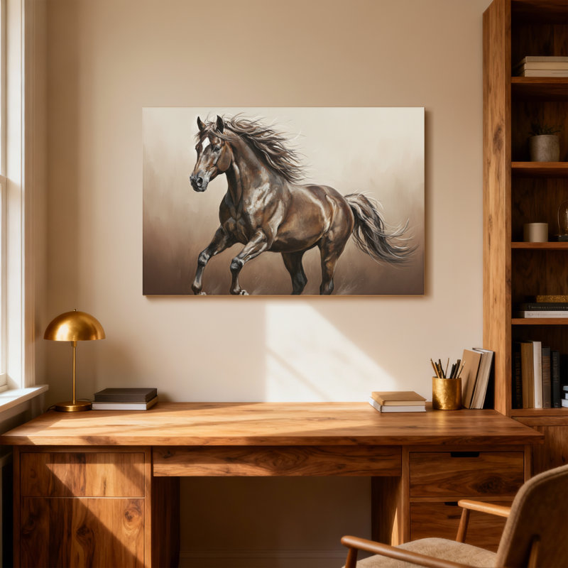 Animaux, cheval brun qui court avec une crinière qui coule, H 28 po x l 40 po