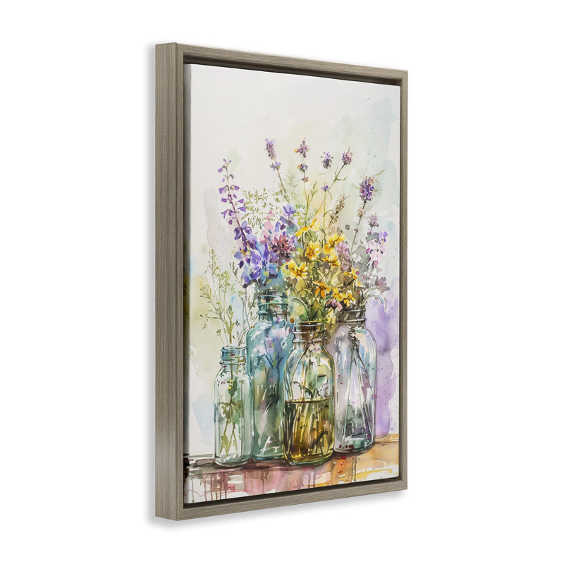  Toile flottante encadrée Bright Wildflower Jars par Franklyn Gregory, H 25 po x l 17 po, Cadre flottant orme Montalcino