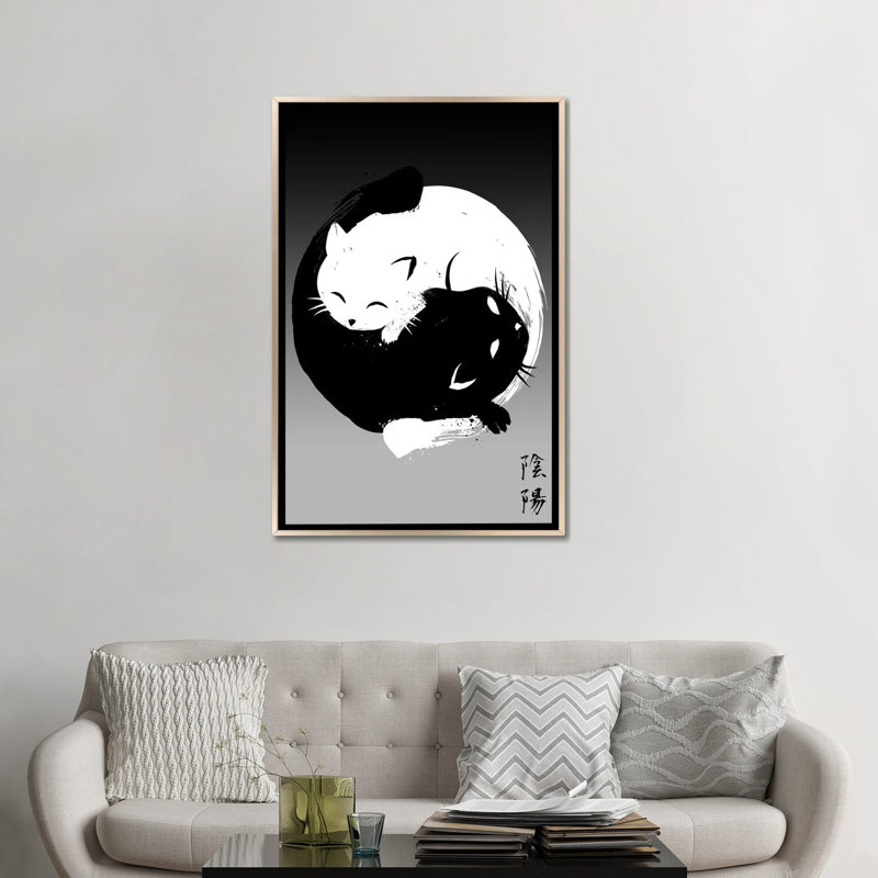 Yin Yang Cats, No Mat, 48" H x 32" W x 1.5" D, Champagne Floater Framed Canvas