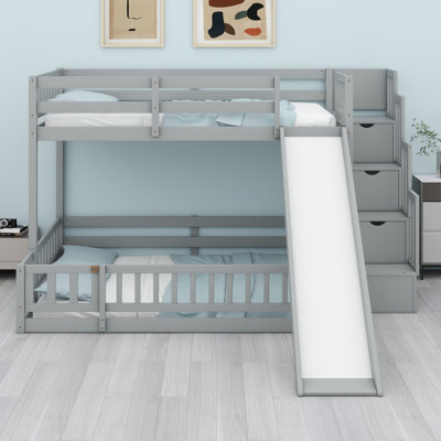 Lit superposé en bois avec glissade, escalier de rangement, barrières de sécurité