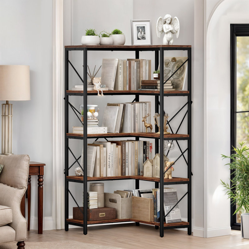 5 Tier White Gold Large Display Corner Bookcase Storage for Bedroom Home Living Office, White/Gold