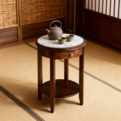 End Table With Drawer, Faux Marble Tabletop, Grooved Edges, And Solid Wood Tapered Legs For Living Room And Bedroom