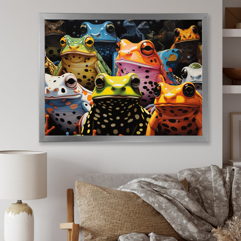 " Multicolor Pop Art Frogs ", 24" H x 32" W x 1" D, Silver Single Picture Framed