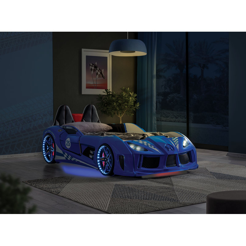Lunnie Twin Car Bed With Lights, Blue, Blue
