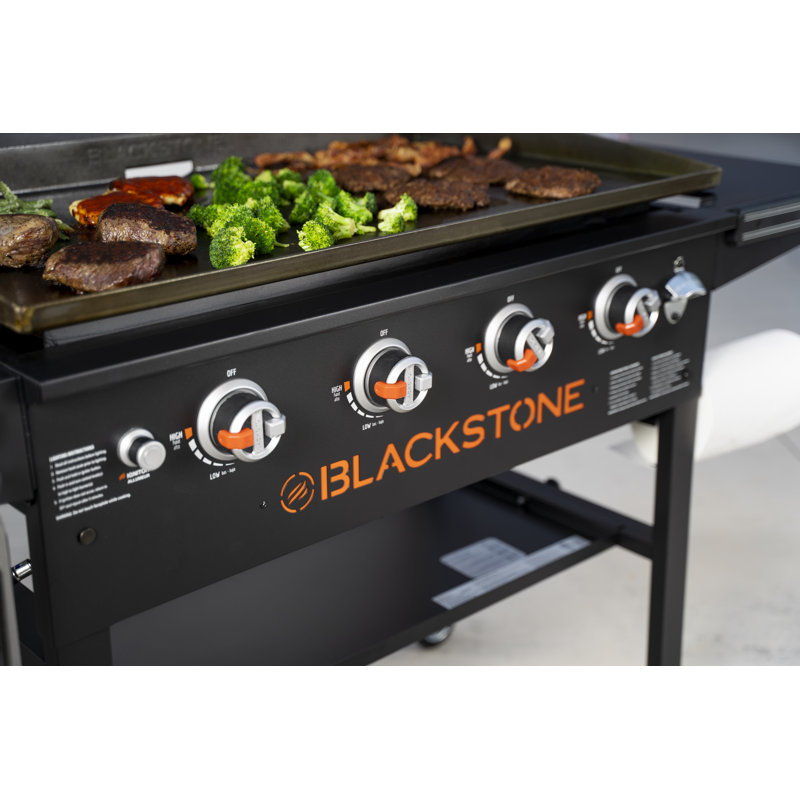 Blackstone 1899 Hood & Four Burners Stainless Steel Gas Hood, Wheels, Two Side Shelf & Magnetic Hooks – Heavy Duty Outdoor Griddle Station for Backyard, Patio, 36, Black