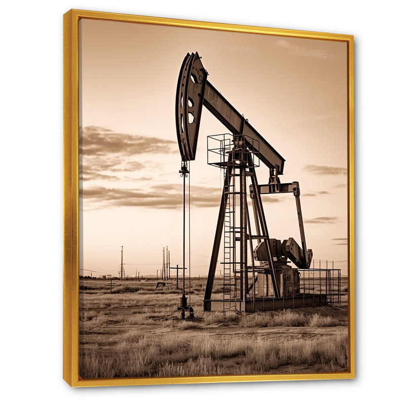 «Sepia Oil Drilling Rig Fields Horizon», reproduction sur toile, Cadre flottant doré, H 32 po x l 24 po x P 1 po