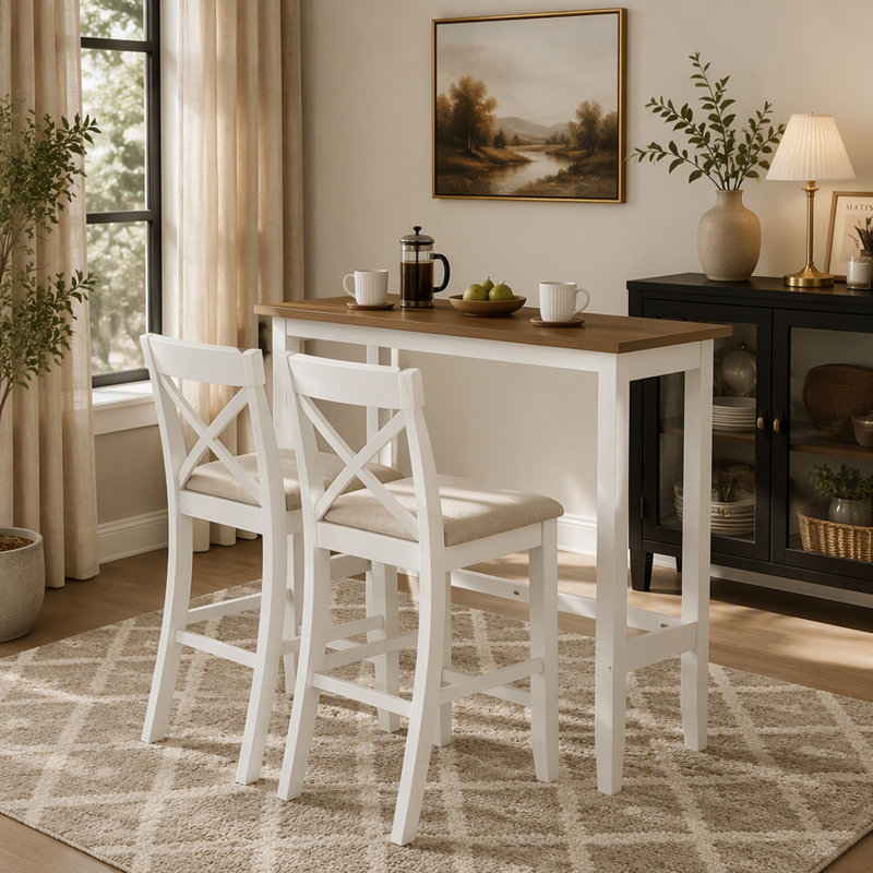 Farmhouse Rectangular Wood Bar Height Dining Set with 2 Chairs for Compact Spaces