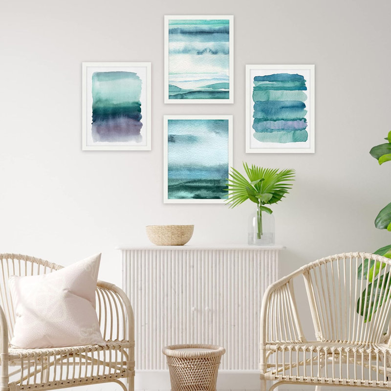 Sarcelle et mauve pastel, coups de peinture abstraits, art mural encadré sur papier, impression de 4 pièces, Blanc