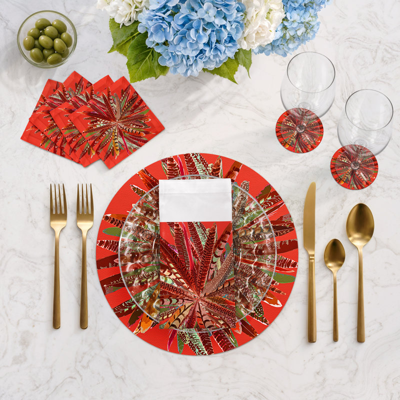 Pheasant Feathers Cotton Sateen Cocktail Napkins, Pumkin