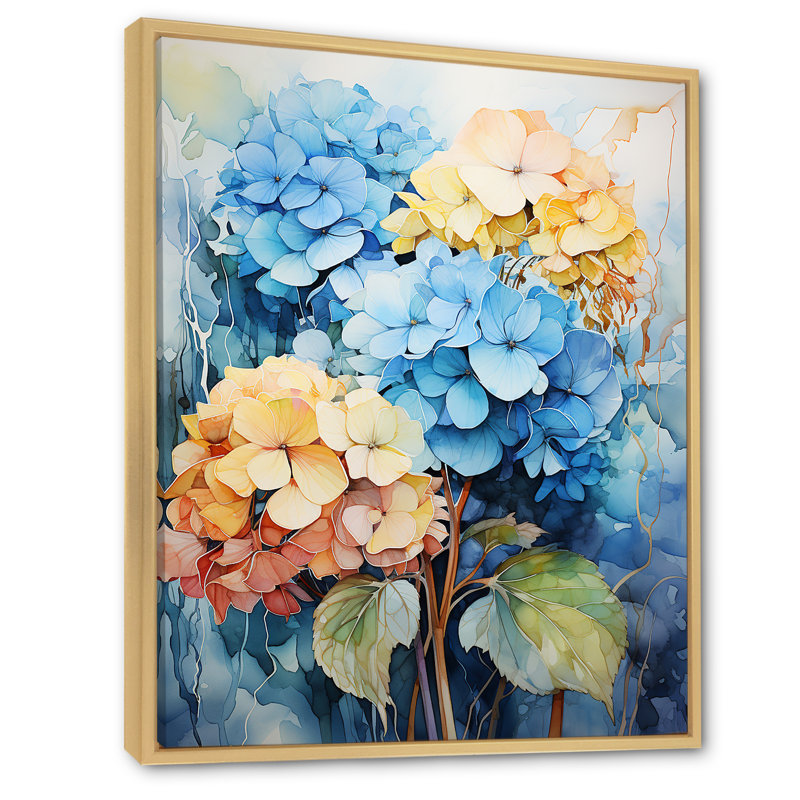 Hydrangea Blooms en bleu et jaune, reproduction sur toile, Cadre naturel flottant, H 40 po x l 30 po x P 1,5 po