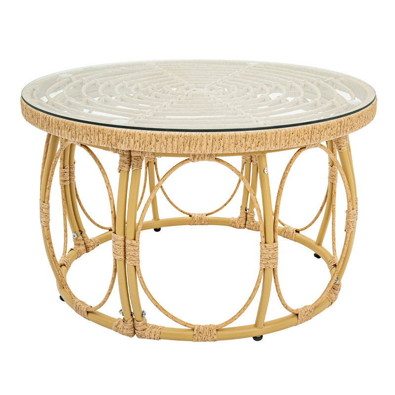 26.8'' W All Weather Polyethylene (PE) Rattan Round Indoor/Outdoor Coffee Table With Glass Top and Metal Base, Perfect For Patio, Porch, Or Garden