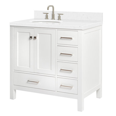 Meuble-lavabo simple en bois massif 36 po Cambridge avec plateau en quartz blanc Carrara 1,5 po Cambridge