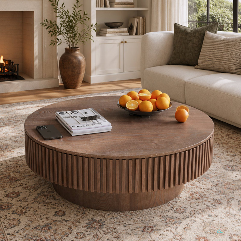 Table basse ronde ronde avec rangement Table d'appoint moderne en placage de bois massif pour table de salon, chambre à coucher, appartement ou bureau
