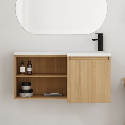 36" L-Shaped Floating Corner Bathroom Vanity Set – Wall-Mounted Space-Saving Design with Durable Resin Sink