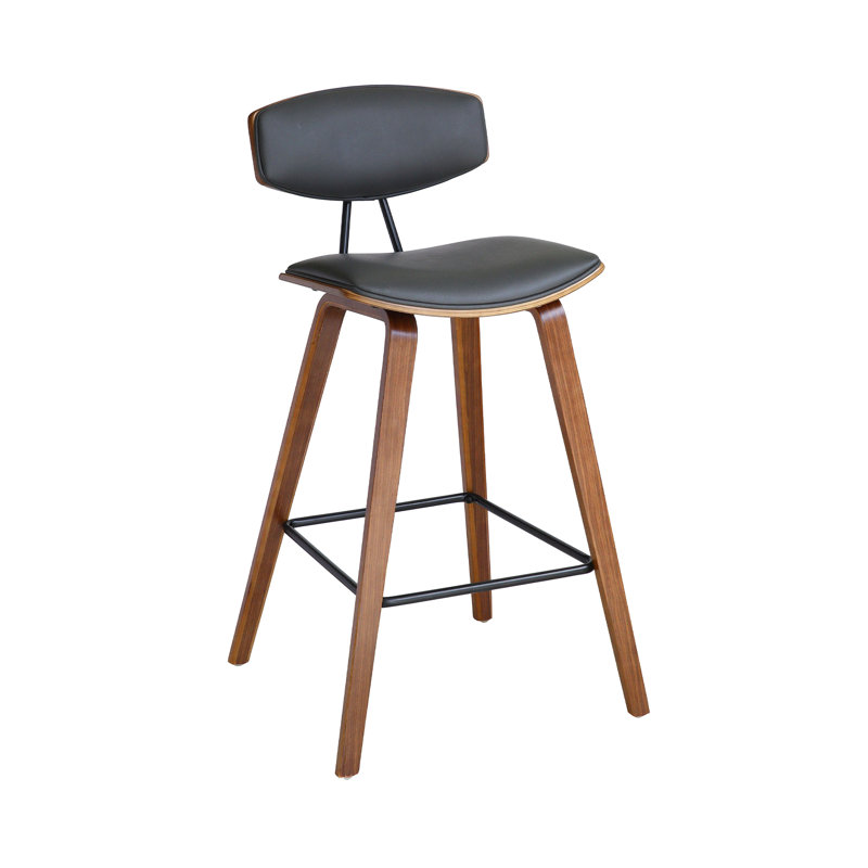Tellis Mid-Century Modern Armless Stool in Faux Leather and Wood, Counter Height, Grey, Walnut
