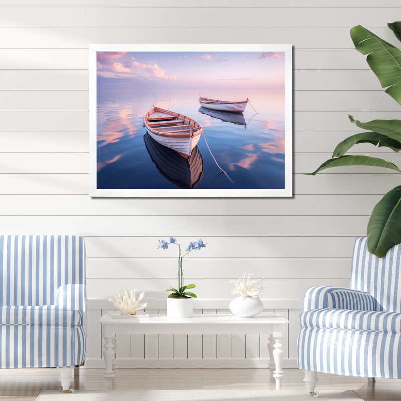 «Dinghy Boat Tranquility Pastel Sunset» sur toile, H 12 po x l 20 po x P 1 po, Cadre photo blanc