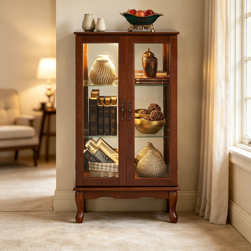 Cabinet Curio avec tablettes réglables et panneau arrière en miroir, portes en verre trempé (noyer, 3 niveaux), Walnut