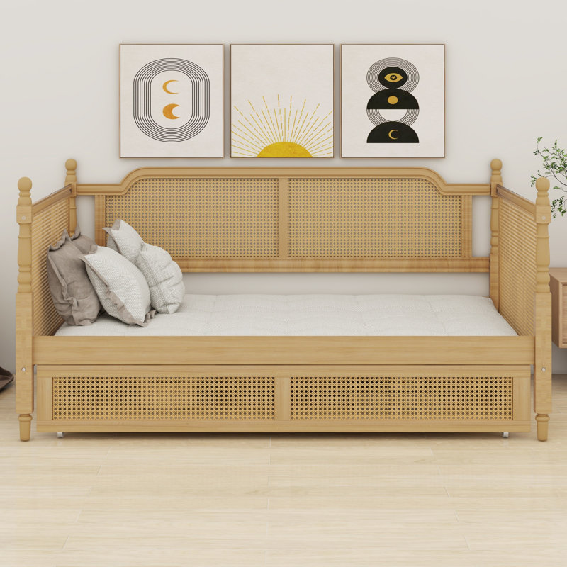 Lit de jour en rotin avec 2 grands tiroirs de rangement, structure en bois durable, Noyer antique