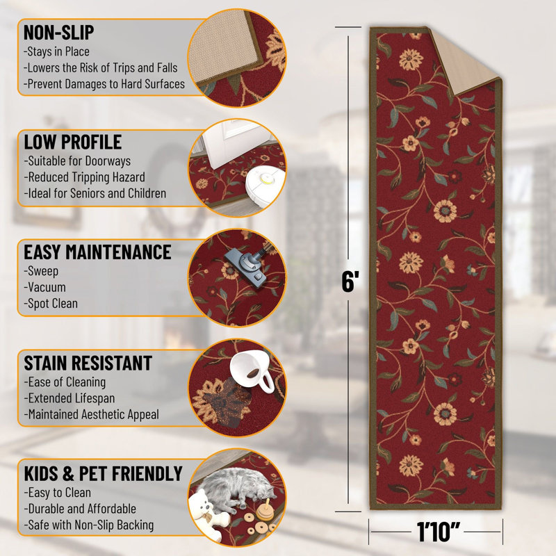 Ottohome Non-Slip Floral Leaves Area Rug For Living Room, Hallway, Entryway Rug, Dark Red, Runner 1'10" x 6'