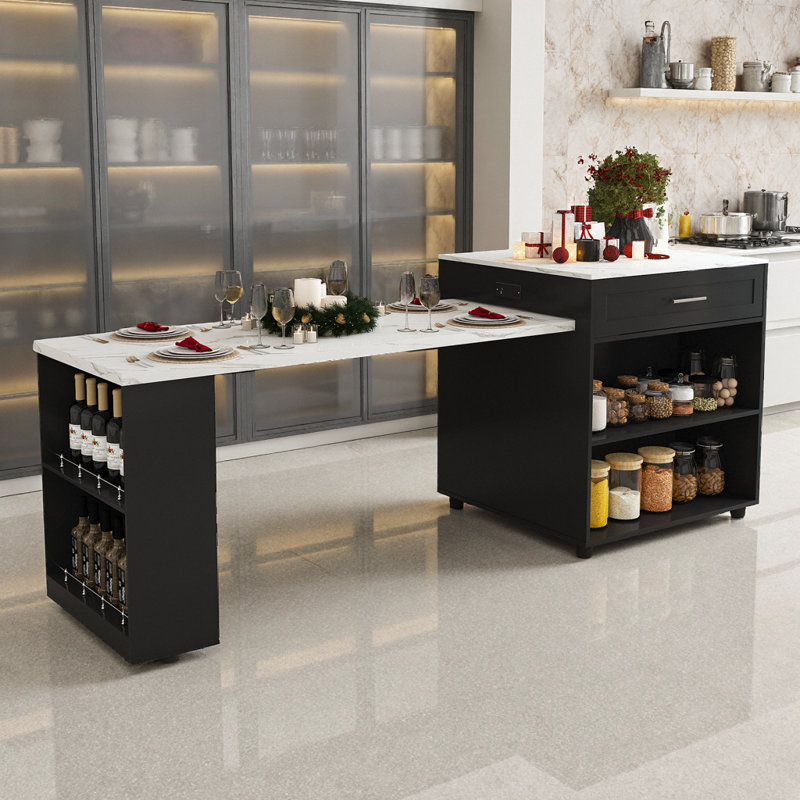 Black Marble-Grain Expandable Kitchen Island with Power Outlet & Storage | 80-inch Dining Table