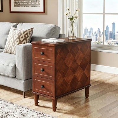 11.81" Solid Wood Narrow End Table, Fully Assembled 3-Drawer Nightstand, Slim Bedside Table Pre-Assembled Side Table