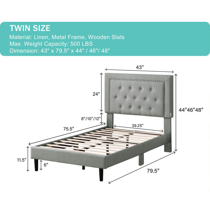 Cianciolo Upholstered Wingback Bed, Gray, Twin