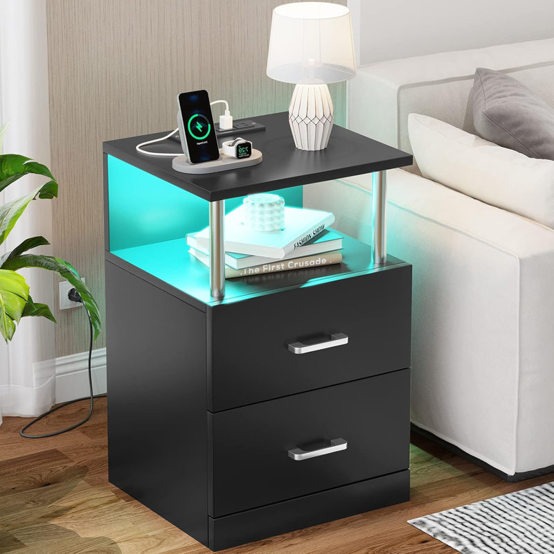 Black Nightstand with Charging Station and USB Ports, LED Night Stand with 2 Drawers, Modern End Side Tables with Open Storage, Bedside Tables for Bedroom, Office