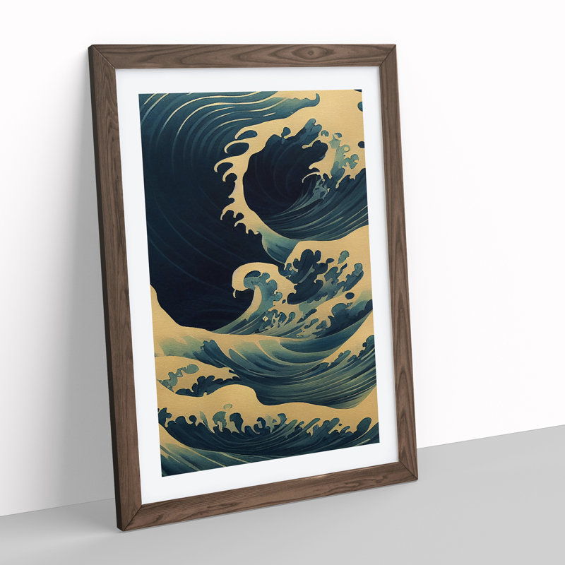 Traditional Japanese Wave No.5 - Wall Art, 66cm H x 48cm W, Walnut Framed, White
