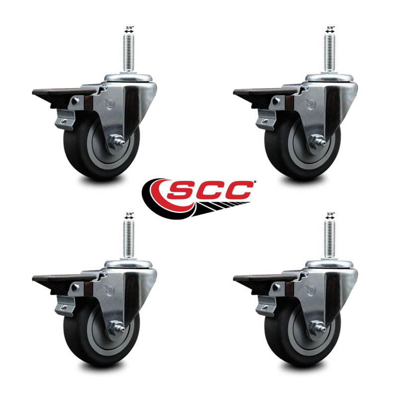 Ensemble de roulettes à tige pivotante de 3,5 po avec roues en caoutchouc 3/4 po et frein