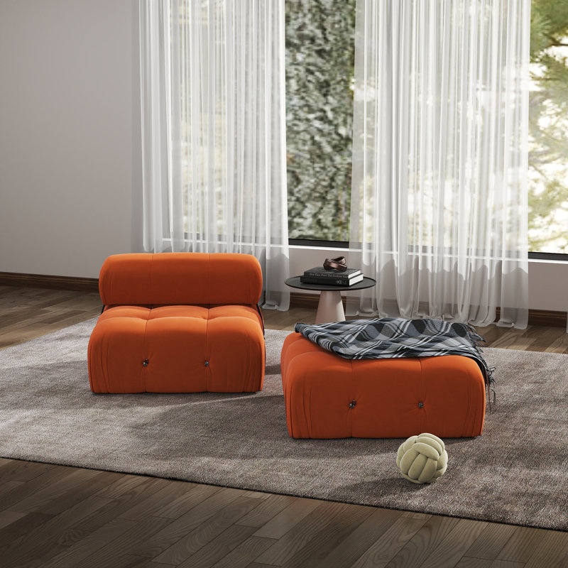 Cylar 2-Piece Upholstered Modern Velvet Armless Modular Sofa With Ottoman, Orange