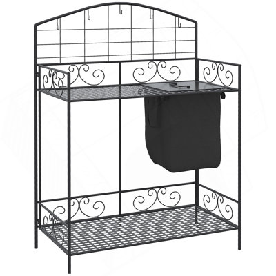 Outsunny Folding Potting Bench Table, Metal Garden Workstation, Work Bench With Large Build-In Bag With Cover, 5 Hanging Hooks & Storage Shelf, Flourishes