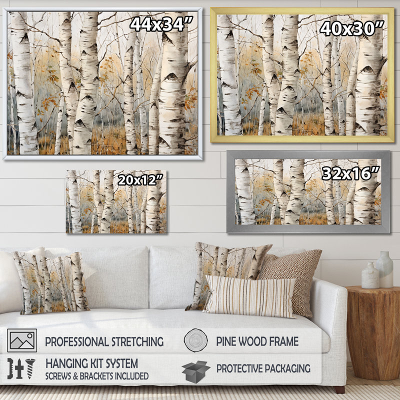 «Beige Silver Birch Tree Beauty III - Tree Birch», reproduction sur toile, H 24 po x l 32 po x P 1 po, Cadre flottant brun