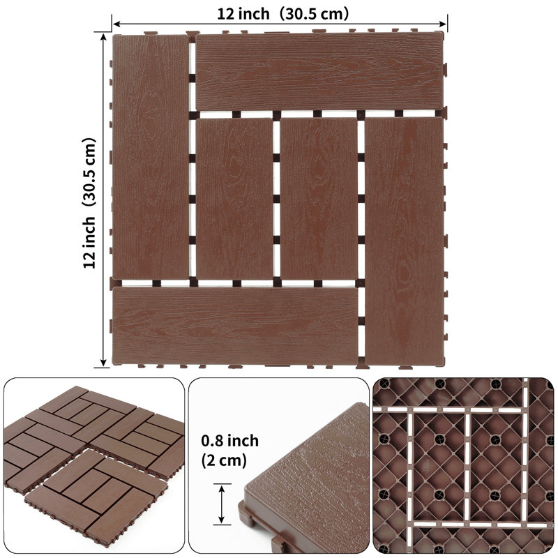 Carreaux de terrasse de style ZZ de 12 pouces, carreaux de plancher modulaires de style bricolage, carreaux de sol d'intérieur et d'extérieur, carreaux de cour faciles à installer rapidement, 44 pièces, brun