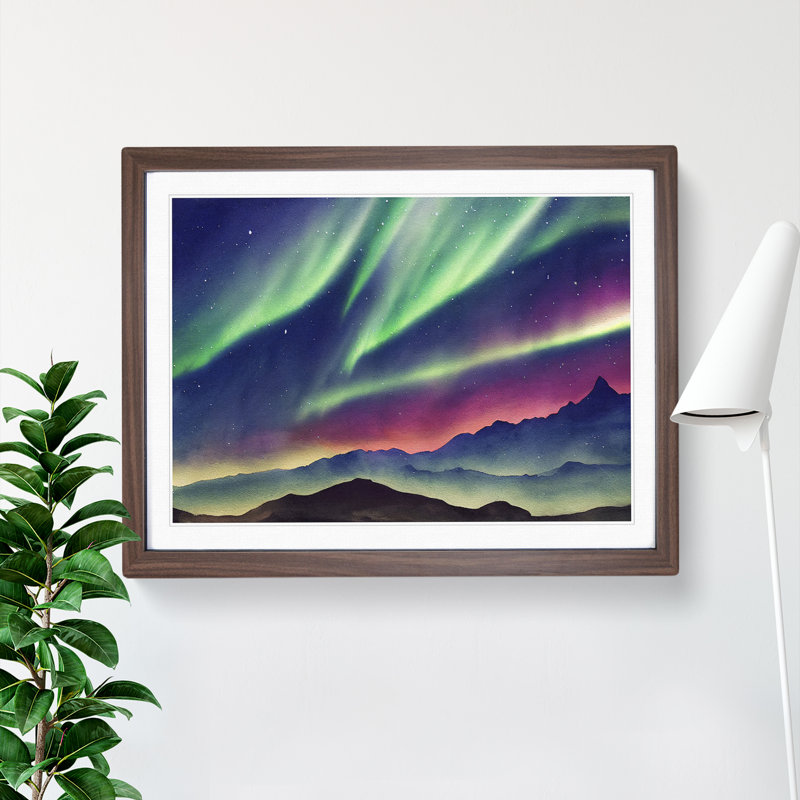 Watercolour Aurora Borealis Vol.6 - Single Picture Frame Painting, Walnut Framed, 34cm H x 46cm W x 2cm D