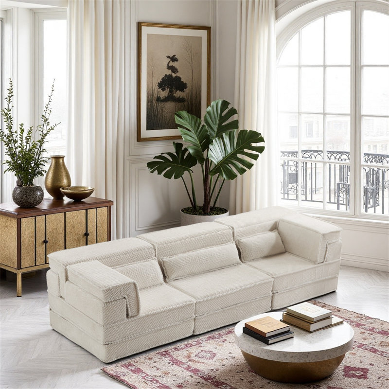 Canapé modulaire convertible sans os, surdimensionné à trois places avec trois coussins, Blanc