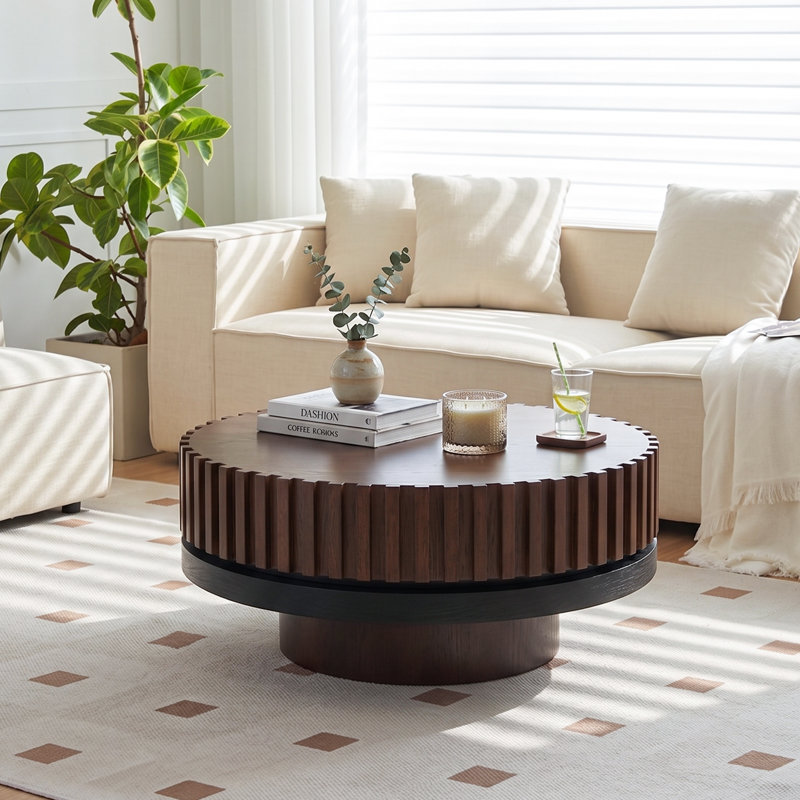 Fluted Drum Round Coffee Table, Wood Veneer Mid-Century Modern Center Table with Black Walnut Accent, Walnut