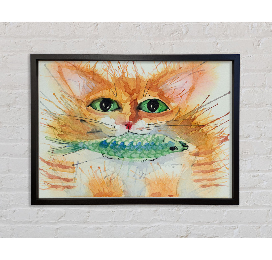 Aquarell Katze mit Fisch - Druck