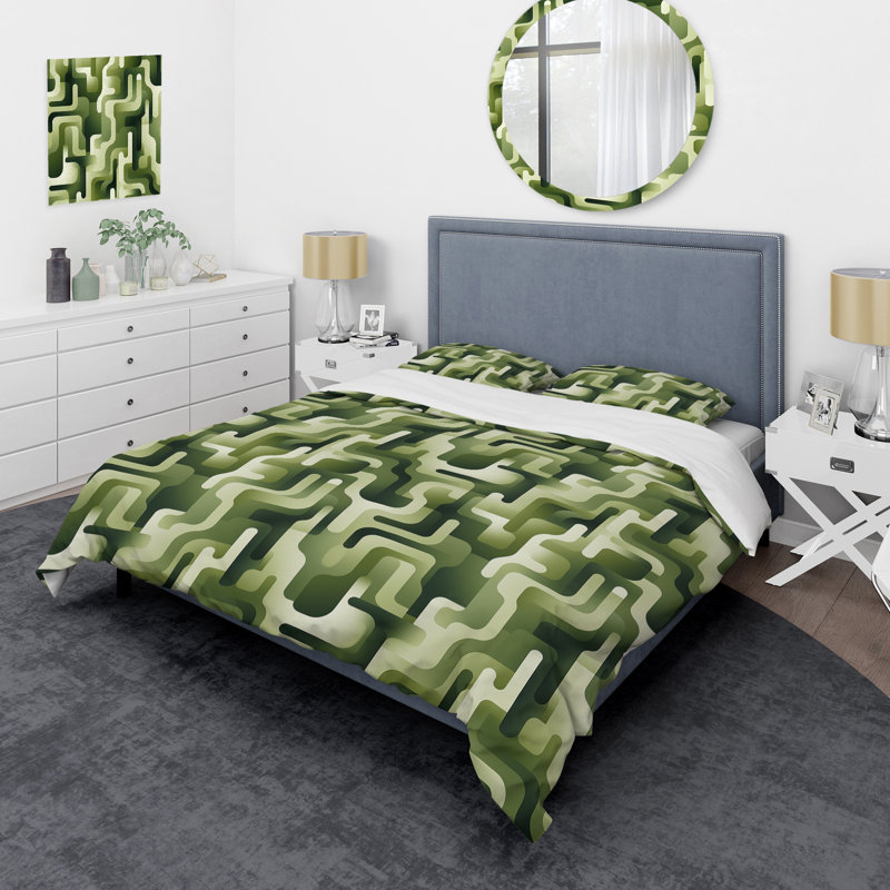 Green Labyrinth Pattern - Ensemble de housse de couette géométrique, Housse de couette pour très grand lit et 2 très