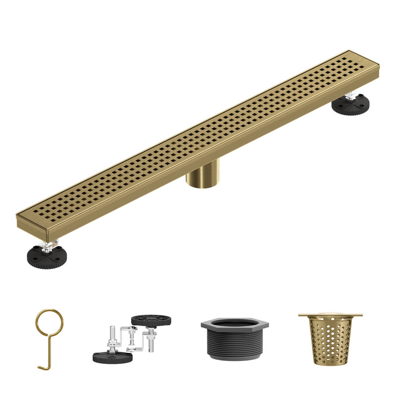 28 In. Shower Drain With 2-In-1 Tile Insert Panel With Square Pattern Drain Cover, Brushed Gold