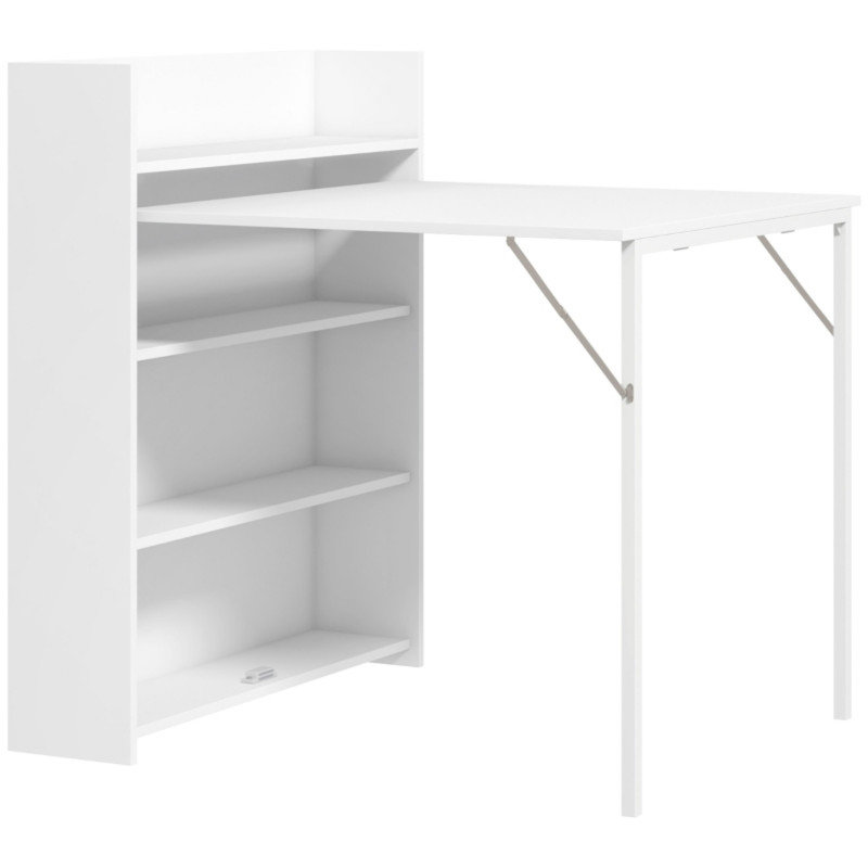 White Drop Leaf Dining Table, Modern Folding Kitchen Table with 4-Tier Storage Shelves for Small Spaces