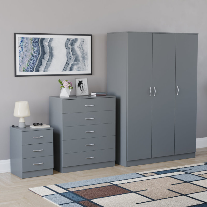 Maybery 3 Piece Bedroom Set (3 Drawer Bedside Chest, 5 Drawer Chest, 3 Door Wardrobe), (5), Grey