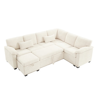 L-Shaped Chenille Fabric Sectional With Storage, 7 Seats, Beige , 97 Inch Home Cover,