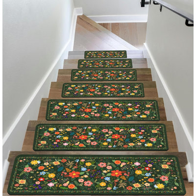 Floral Stair Treads For Wooden Steps Non-Slip 8"X30" 15PCS Flower Stair Carpet Rubber Backing Stair Runner Reusable Stair Rugs Indoor Safety Stair Mats For Elders Kids Dogs Green