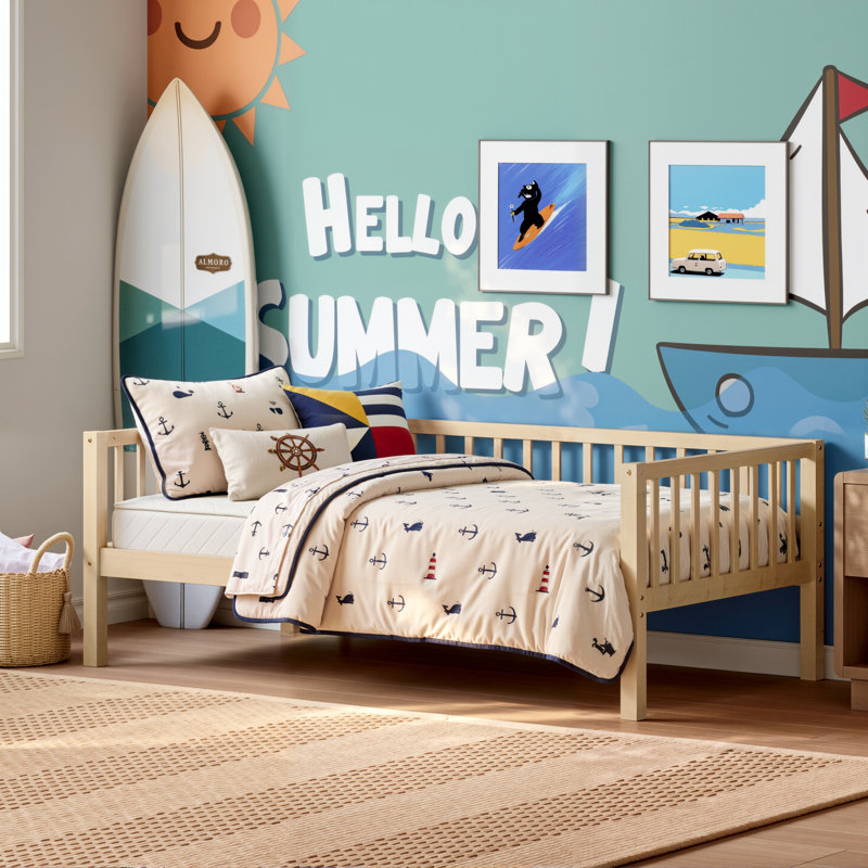 Lits de jour sécurisés avec barrières de sécurité sur 3 côtés, lit de jour simple en bois massif, style ferme, Beige