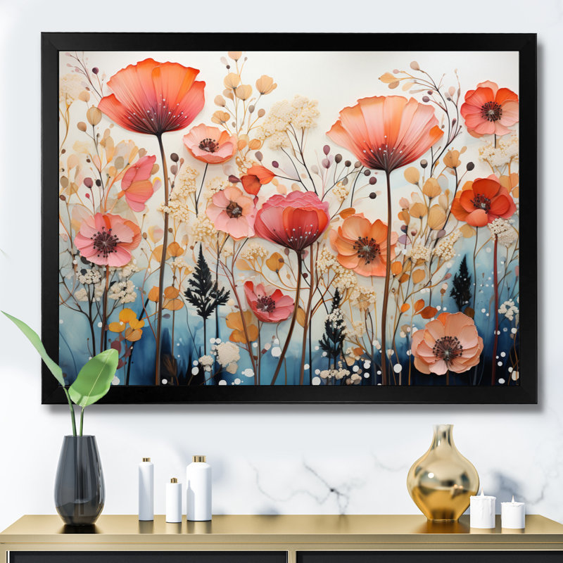«Coral Whimsical Botanical Wilds I», reproduction, Cadre simple noir, H 30 po x l 40 po x P 1,5 po