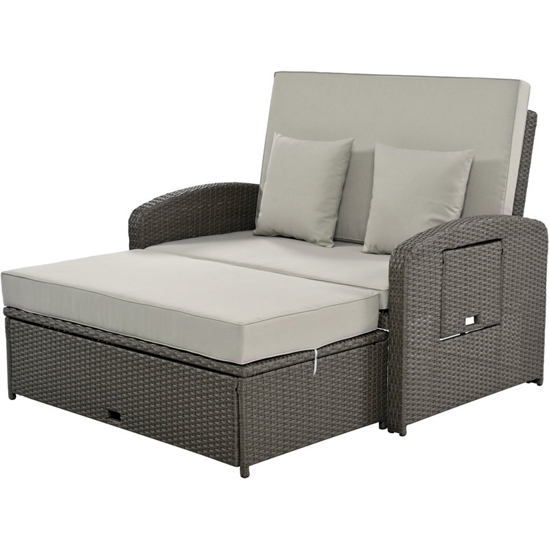 PE Wicker Rattan Double Chaise Lounge, 2-Person Reclining Daybed with Adjustable Back and Cushions, Grey