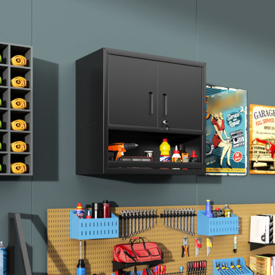 Wall - Mounted Metal Tool Storage Cabinet With Locking Door And Open Drawer For Shop, Home, Structure, Rust Finish, Adjustable Shelf, Black, Low Maintenance 1 Shelf Opened Garage, Office Build,