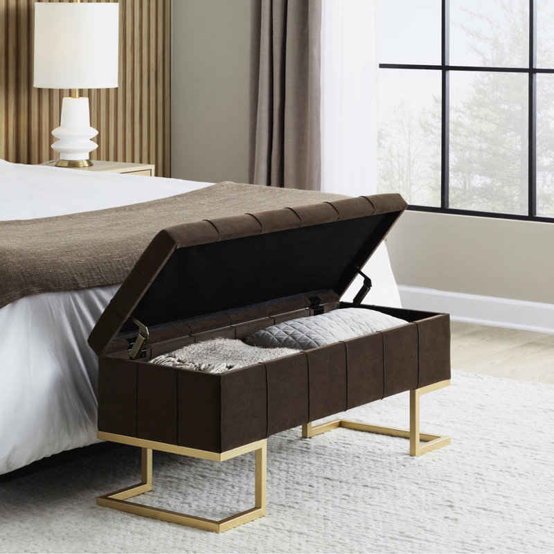 Stylish Contemporary Brown Velvet And Gold Steel Storage Bench, Button - Design, Metal Legs, Flip Top Lid, Comfortable For Two, Indoor Use, 500 Lbs Limit Contemporary, Steel, Velvet, Styling, Double